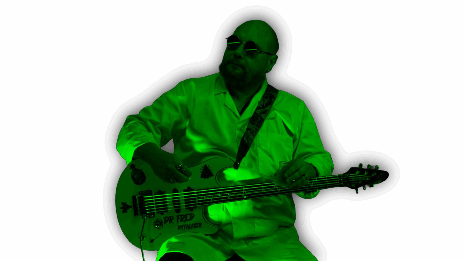 Dr Fred en blouse de laboratoire avec sa guitare